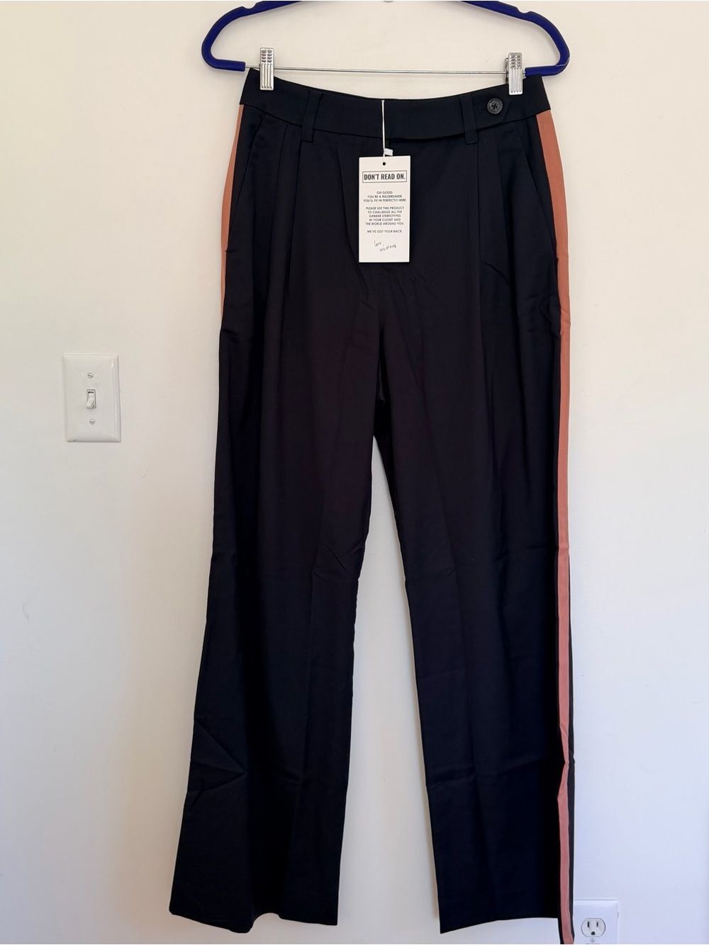Wildfang The Empower Wide Leg Trouser Mauve Pink Side Stripe black pants - Picture 3 of 9